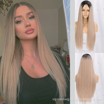 Vigorous Long Straight Deep Part Lace Front Wigs Synthetic Hair Ombre Blonde For Women